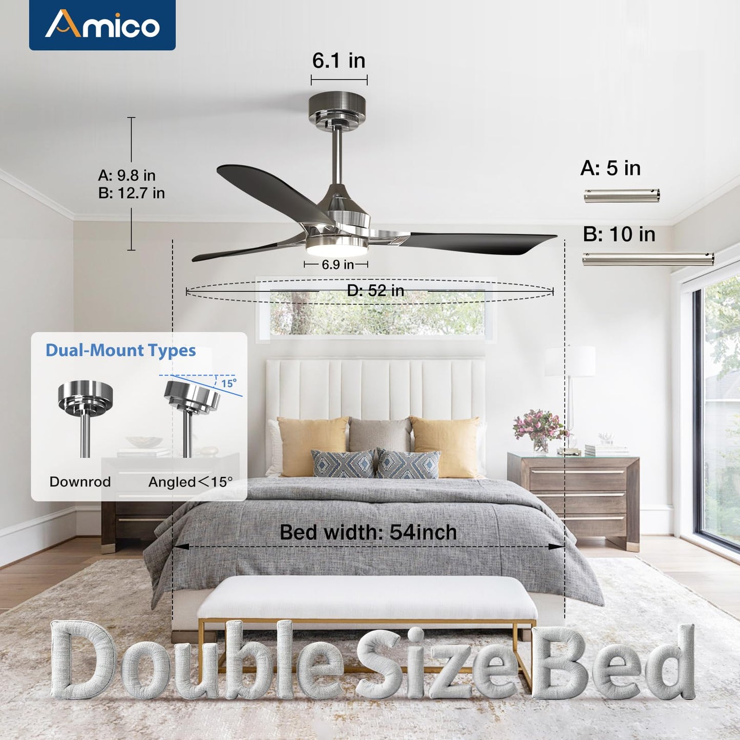 Amico 52 inch Ceiling Fans with Lights, Ceiling Fan with Light and Remote Control, Dimmable, 3CCT, Quiet, Nickel Modern Ceiling fan For Living Room, Bedroom, Farmhouse, Kitchen