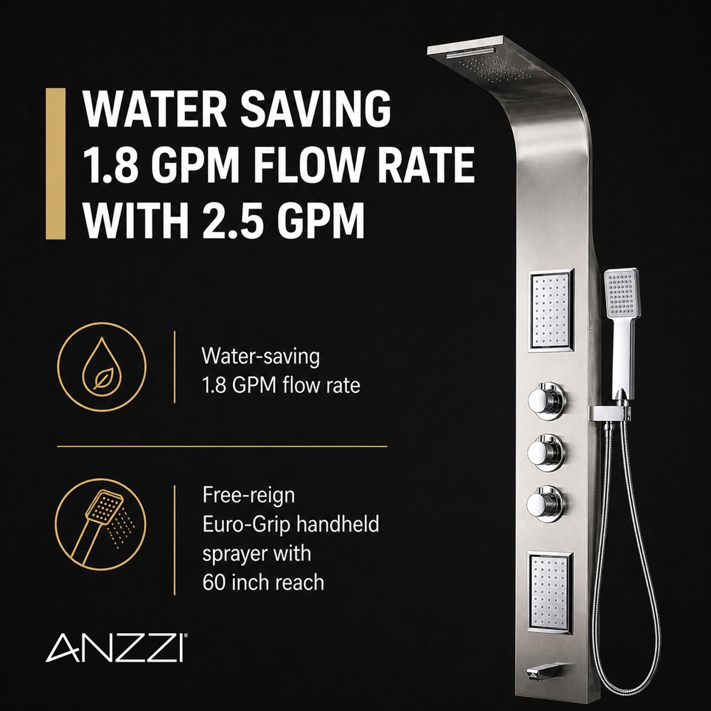 ANZZI Shower Panel Tower, Field 58 inch Long Turbo High Pressure Shower Head and Detachable Handheld Spray Rainfall Shower Panel in Brushed Steel, Rain Shower 1.8 gpm 2 Body Jets Combo (SP-AZ042)