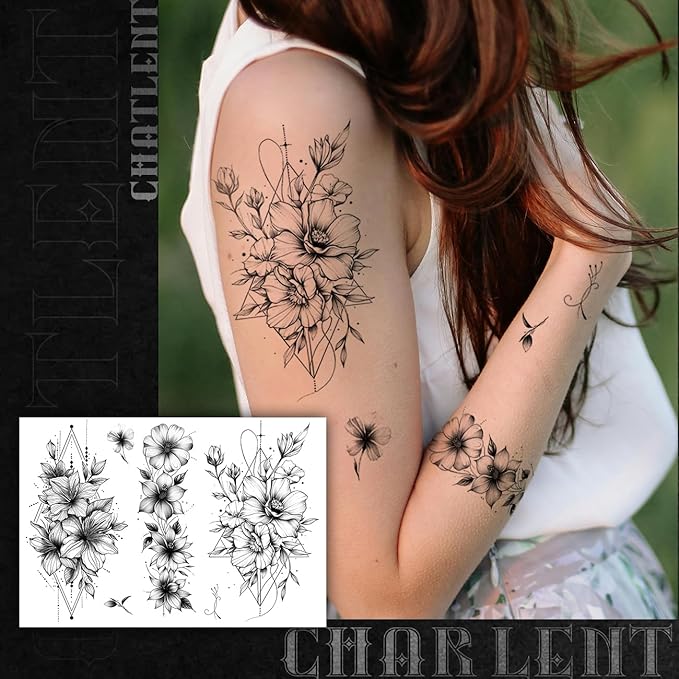 CHARLNET Black Flower Temporary Tattoos for Women - 9 Large Sheets Realistic Flower Lily Tattoos For Women Body Art Arm Chest Legs Shoulder