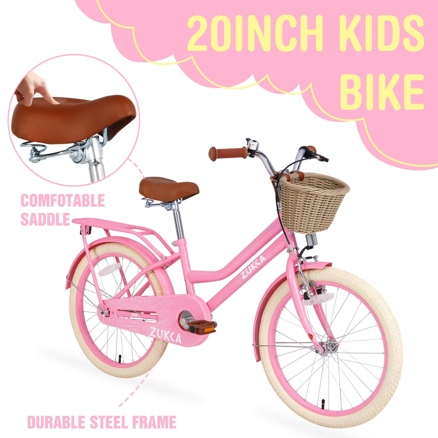 BALINGE 20" Inch Girls Cruiser Bike Single-Speed Hybrid City Bicycle for Youth Over 7 Years Old with Wicker Basket & Rear Rack，Kids Cycle Bikes，Lightweight, Hand Brake&Pedal Brake，Light Pink