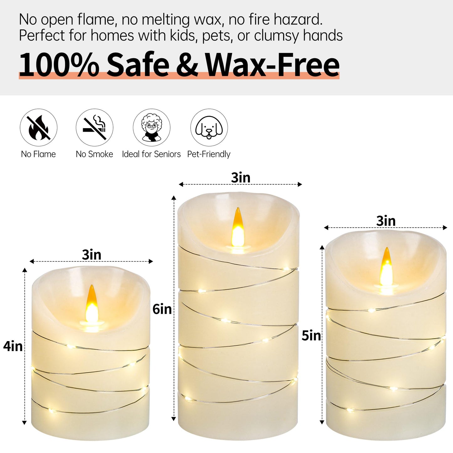 Ivory Rechargeable Flameless LED Candle 3-Piece Set (4/5/6 inches) - Real Wax with String Lights, Includes Remote and Timer, Safe and Realistic Flame, for Christmas/Halloween Home Decoration