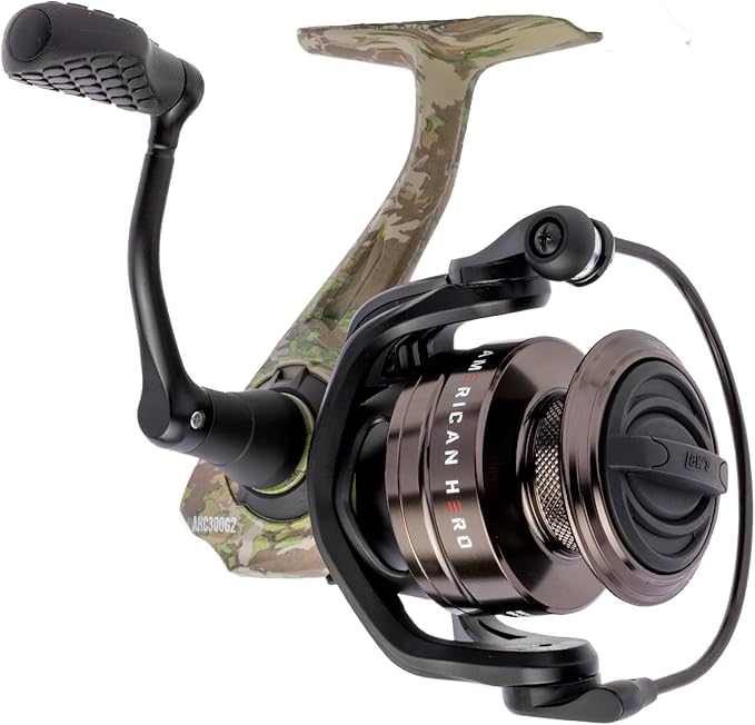 Lew’s American Hero Camo Spinning Fishing Reel, 5+1 Bearings, 6.2:1 Gear Ratio, One-Piece Graphite Frame, Oiled Felt Mult...