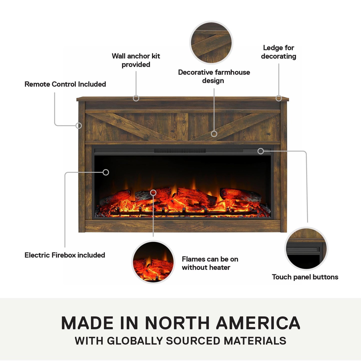 Ameriwood Home Farmington 49 Inch Electric Fireplace with Mantel, Replaceable Fireplace Insert Heater. Remote Control, Timer, Realistic Log and Flame Effect, Century Barn Pine