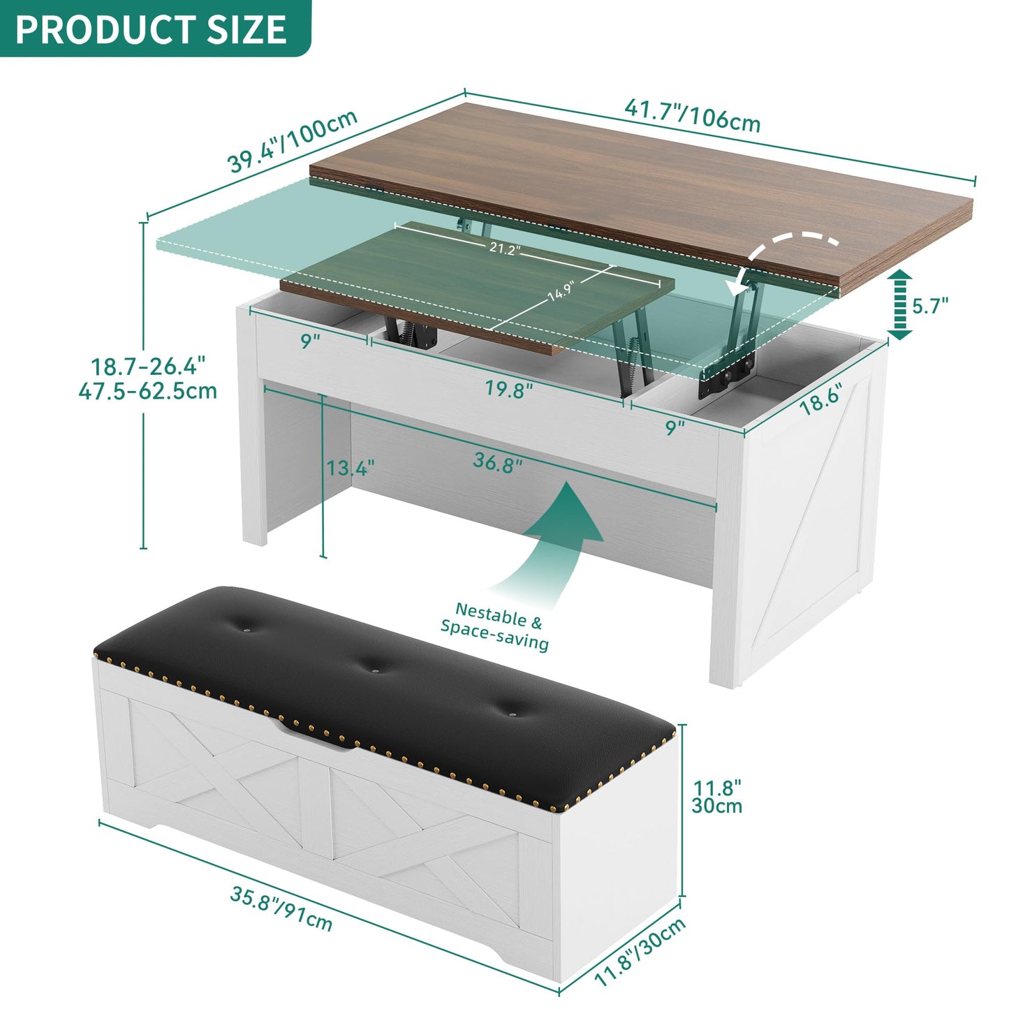 YITAHOME Lift Top Coffee Table Set with Storage Ottoman Bench & Wheels, 4 in 1 Convertible Dinning Center Tables with Hidden Compartment, Farmhouse Coffee Tables for Living Room Furniture, Brown Top