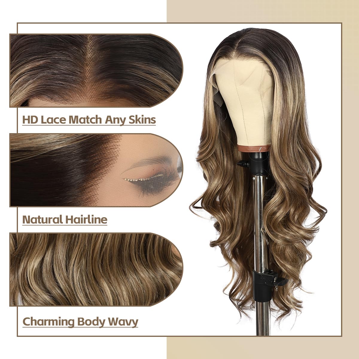 BABEHERS Brown mix Blonde Lace Front Wig for Women 13x4 Body Wave Synthetic Wigs Highlight Pre-plucked Long Wavy 150% Density fo