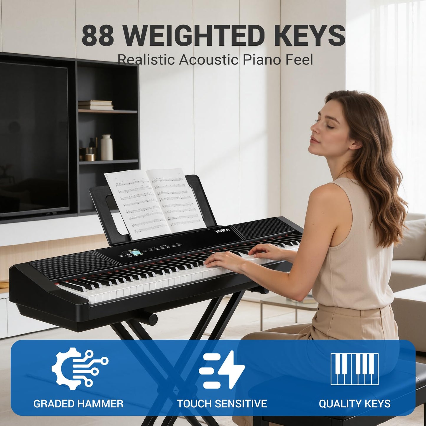 MOSEN Beginner Digital Piano 88 Keys Weighted, Portable Electric Piano Set with Full Size Keyboard, Triple Sustain Pedal, Stable Dual X Stand, USB-MIDI, Keyboard Stickers, for Beginners Adults