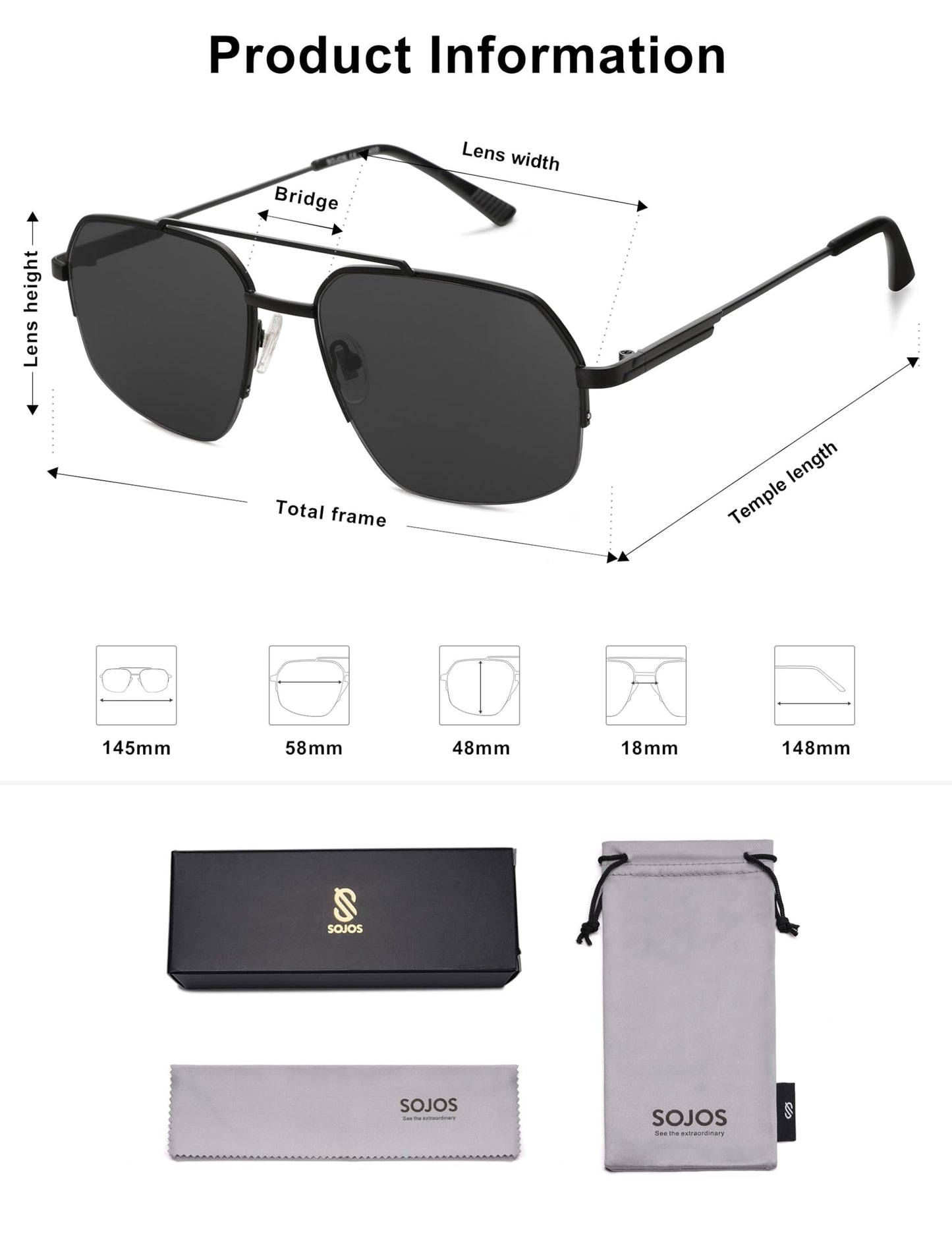 SOJOS Trendy Aviator Sunglasses Mens Womens Retro Double Bridge Metal Frame Semi-Rimless Shades Lentes De Sol Para Mujer SJ1191 Black