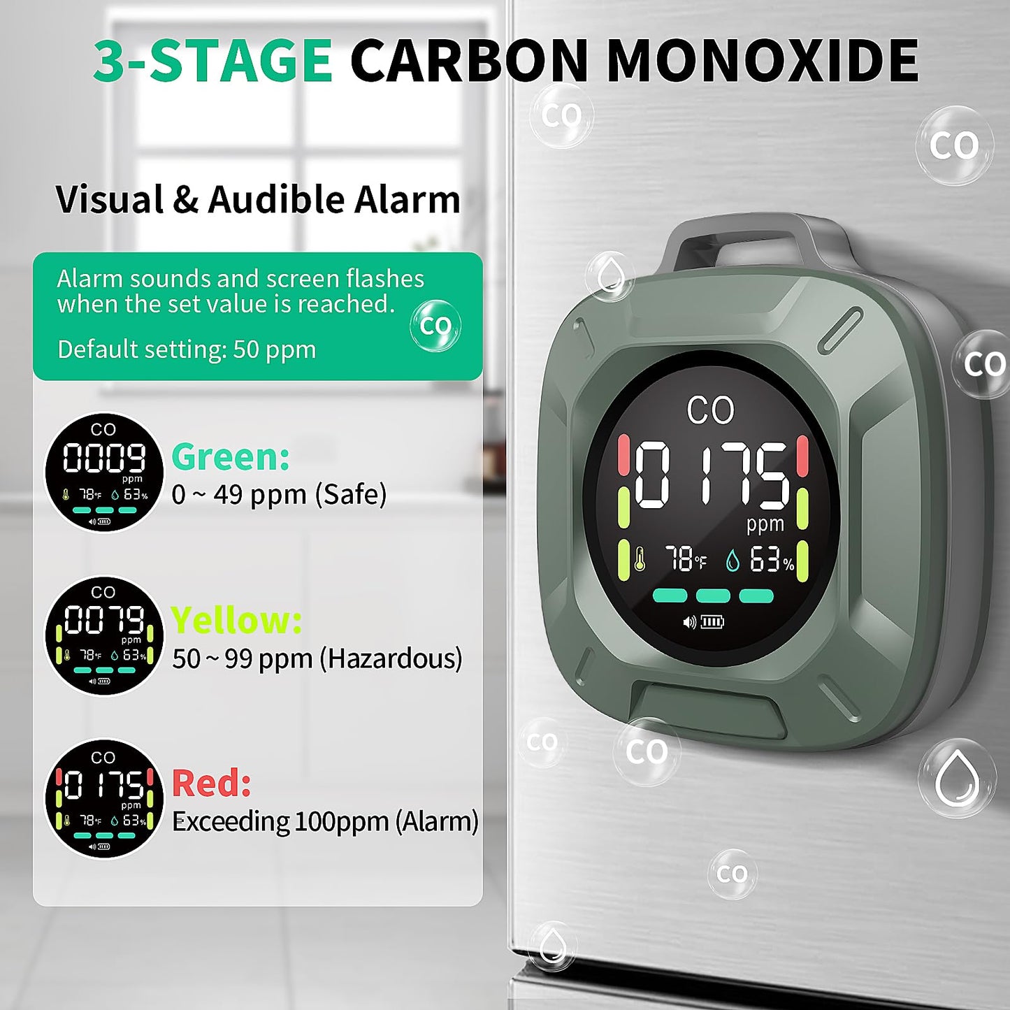 Carbon Monoxide Detectors, 3-in-1 CO Detector Portable Carbon Monoxide Detector with Magnetic Suction, Travel Carbon Monoxide Detector with Temp and humi Sensor, Rechargeable Battery for 480H Standby