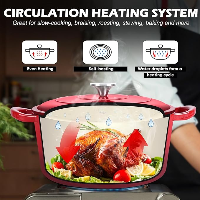 TeamFar Enameled Cast Iron Dutch Oven, 7qt Dutch Oven Pot Nonstick Cookware with Lid & Dual Handles for Bread Baking, Cooking, Oven Safe up to 500℉ & Various Stovetops, Healthy & Heavy Duty - Red