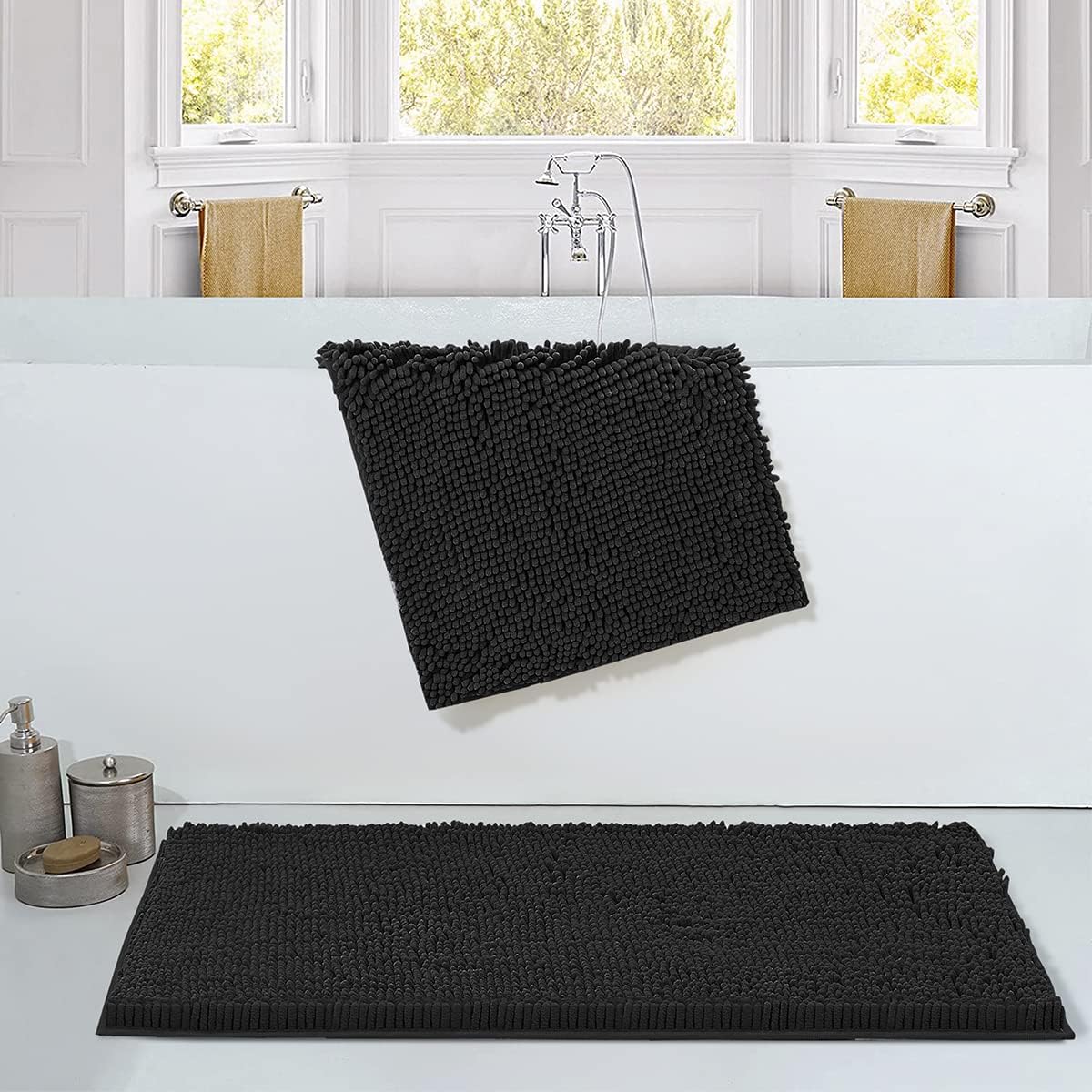 SONORO KATE Bathroom Rug,Non-Slip Bath Mat,Soft Cozy Shaggy Thick Bath Rugs for Bathroom,Plush Rugs for Bathtubs,Water Absorbent Rain Showers and Under The Sink (Black, 36" x 24" Plus 17" x 24")