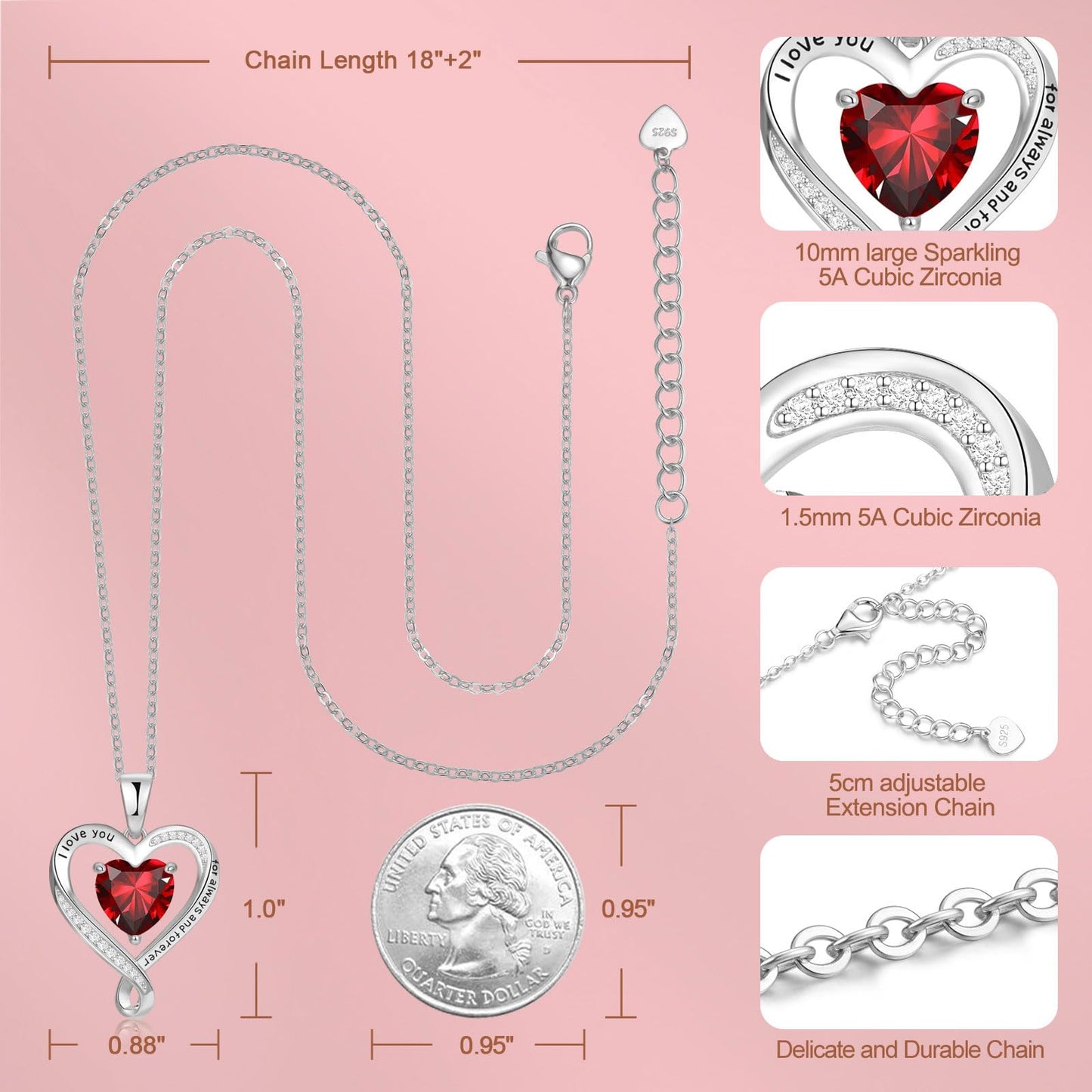 Zifeel Infinity Heart Birthstone Necklaces for Women, S925 Sterling Silver I Love You Necklace, Anniversary Wedding Gift for Wife Her Mom Grandma, Birthday Christmas Valentines Mothers Day Jewelry