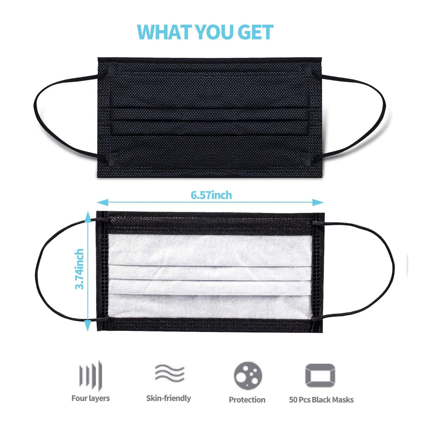 YJIAKA Black Disposable Face Masks 4 Layers Protection 50Pcs, Breathable Dust Mask Mouth Covers for Adult