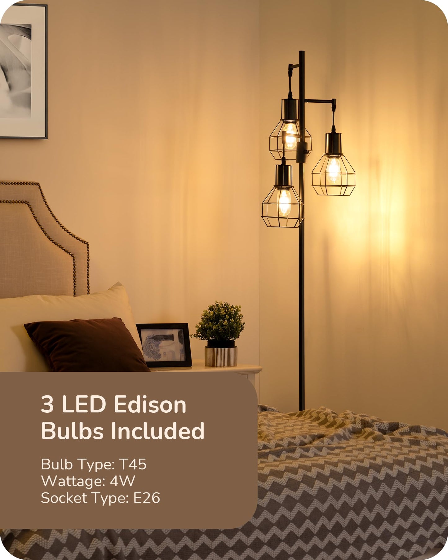 EDISHINE Dimmable Farmhouse Floor Lamp, Industrial Standing Lamp for Living Room, 3 LED Edison Bulbs Included, Black Corner Rustic Tall Tree Reading Lamps Home Decor for Bedroom, Office