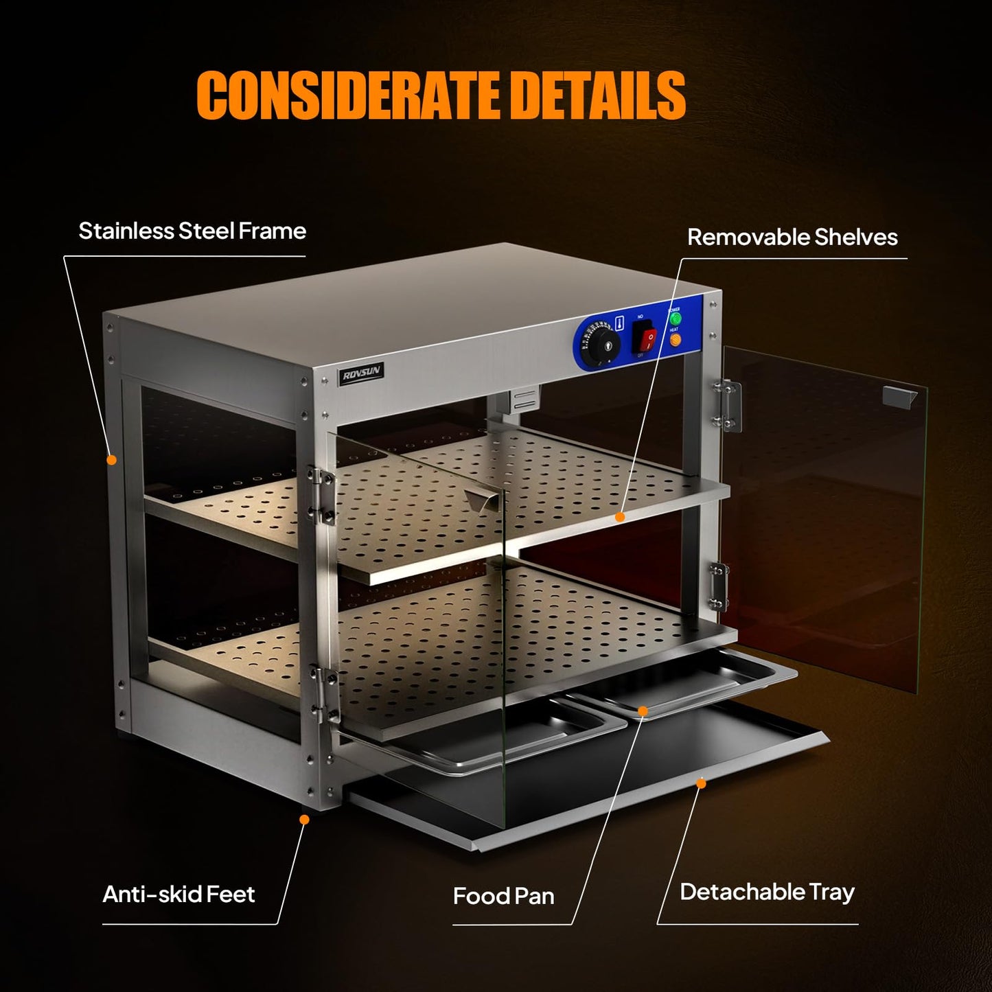 ROVSUN 2-Tier Food Warmer Pizza Warmer, Commercial Food Warmer Display with LED Lighting Removable Shelves Glass Door, Electric Countertop Food Warmer for Buffet Restaurant 110V 800W