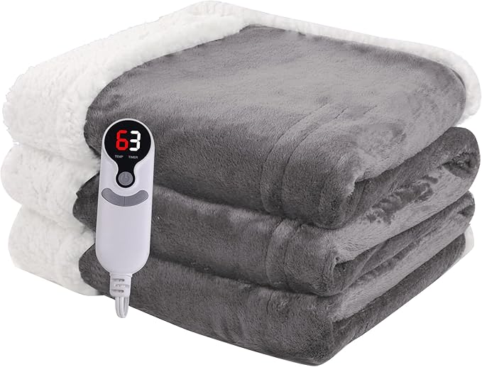 Heated Blanket Electric Throw Size 50''x60'' with 9 Heating Levels, 3 Hour Auto Shut Off, Machine Washable, Flannel & Sherpa Double-Sided Soft Warming Blanket for Couch, Bed, Office - Light Grey