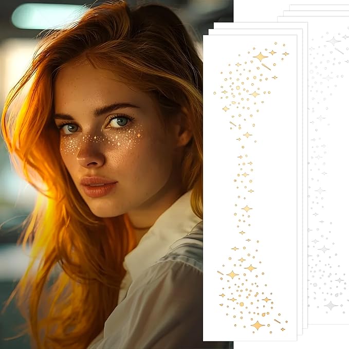Glitter Freckles Face Tattoo 6 Sheets Face Makeup Patches Gold & Silver Star Fake Freckles Cute Glitter Makeup Accessories...
