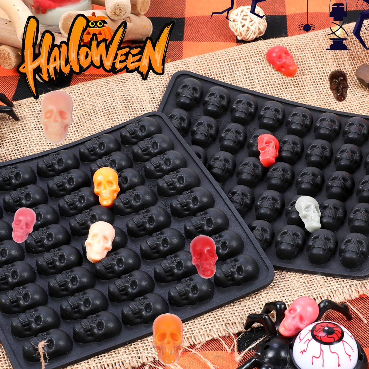 Skull Silicone Mold, 3ml Gummy Molds 4 Pack Silicone Skull Molds for Baking, Nonstick Halloween Candy Molds for Making Mini Gummies, Candy, Chocolate, Ice Cube