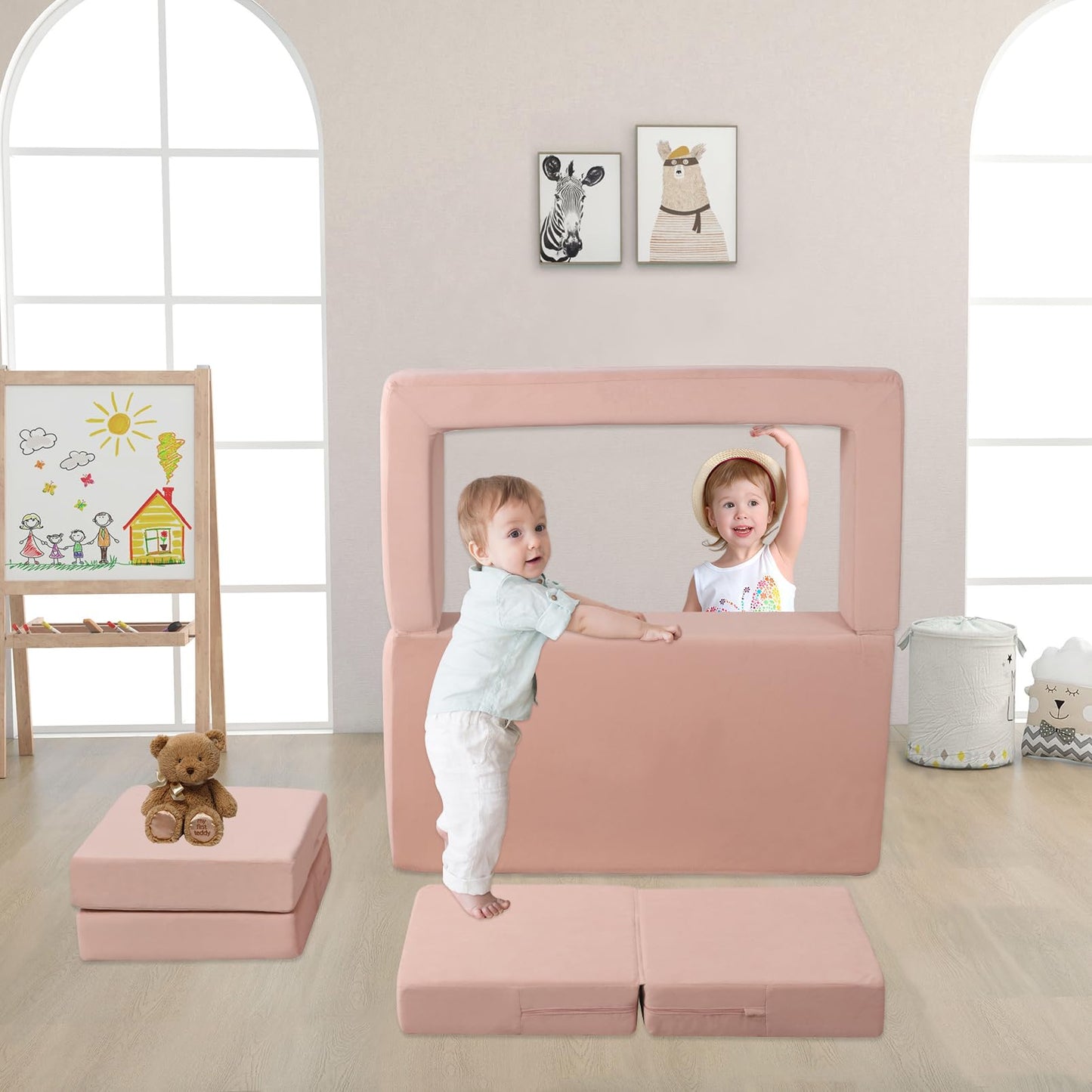 Getifun Modular Kids Sofa, Foam Toddler Couch, Convertible Plush Kids Play Couch (Pink)