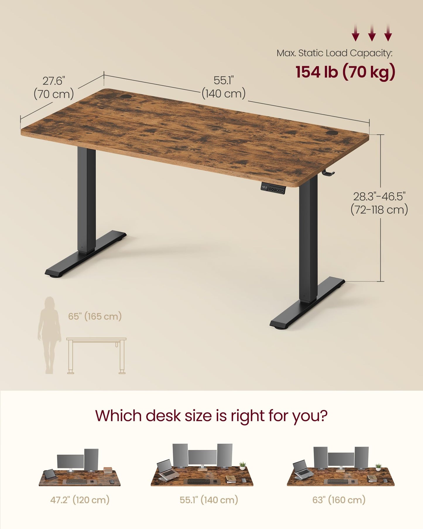VASAGLE Electric Standing Desk, 55.1 x 27.6 Inches Height Adjustable Desk, Sedentary Reminder, 4 Memory Heights, for Home Office, Rustic Brown ULSD315KD020S