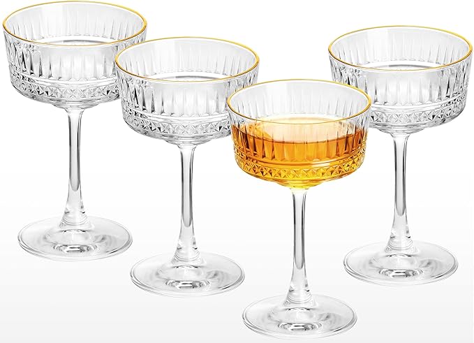 VIMERPA Coupe Glasses, Gold Rim Martini Coupe Glasses Set of 4, 8 oz Classic Cocktail Glassware - Champagne, Manhattan, Co...