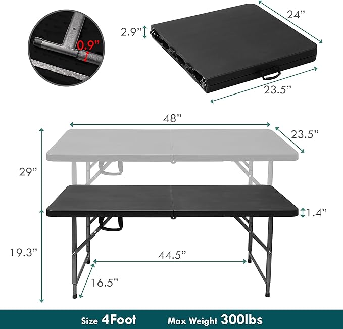 Plainsity 4ft Table, Adjustable Height Table with Foldable, Easy to Carry, for Family Gatherings, Outdoor Gatherings, Indoor