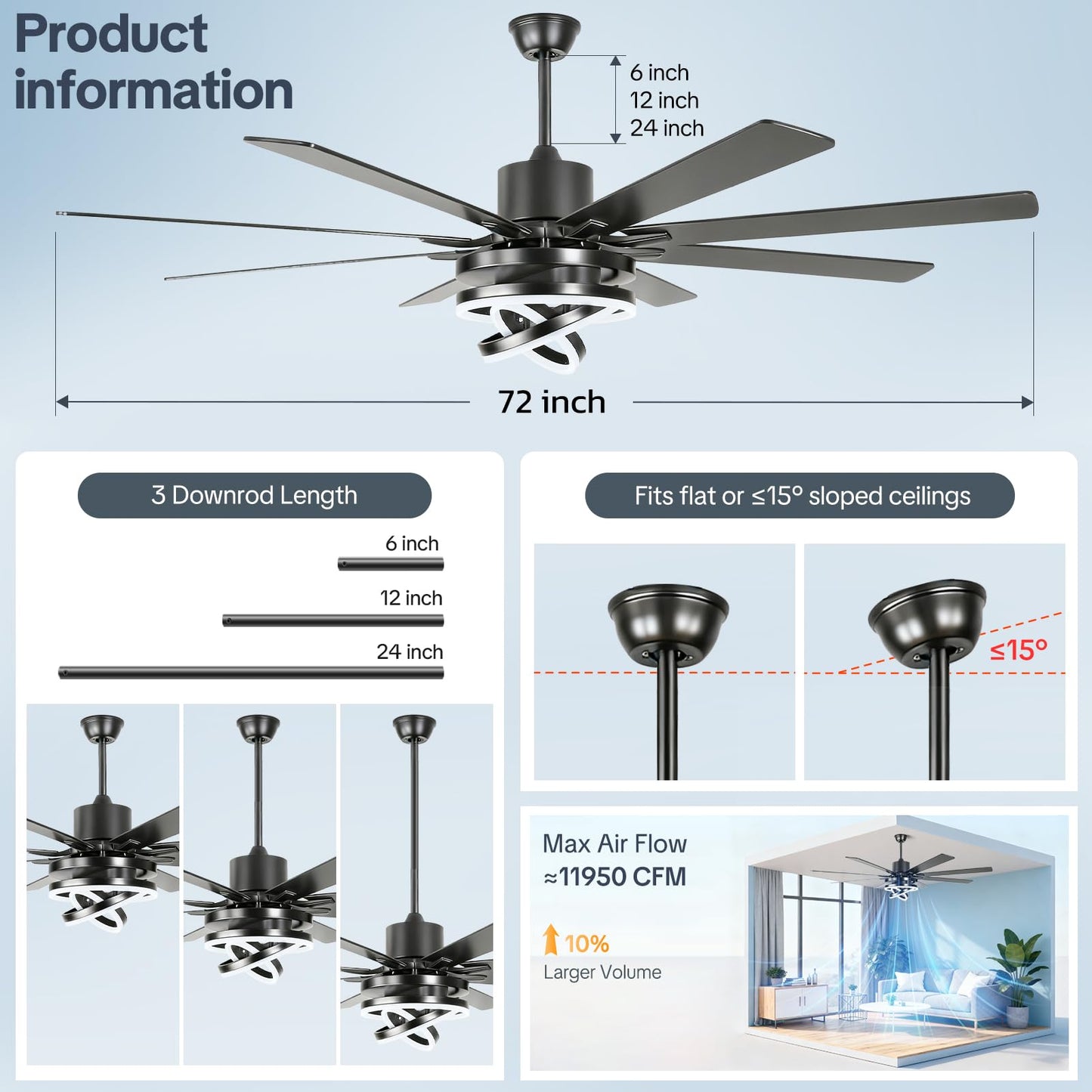 TIRUSUN 72 Inch Chandelier Ceiling Fans with Lights, Large Modern Ceiling Fan with Remote Control for Living Room Kitchen, Dimmable, 6 Speed Reversible DC Motor, Dual Finish，Black