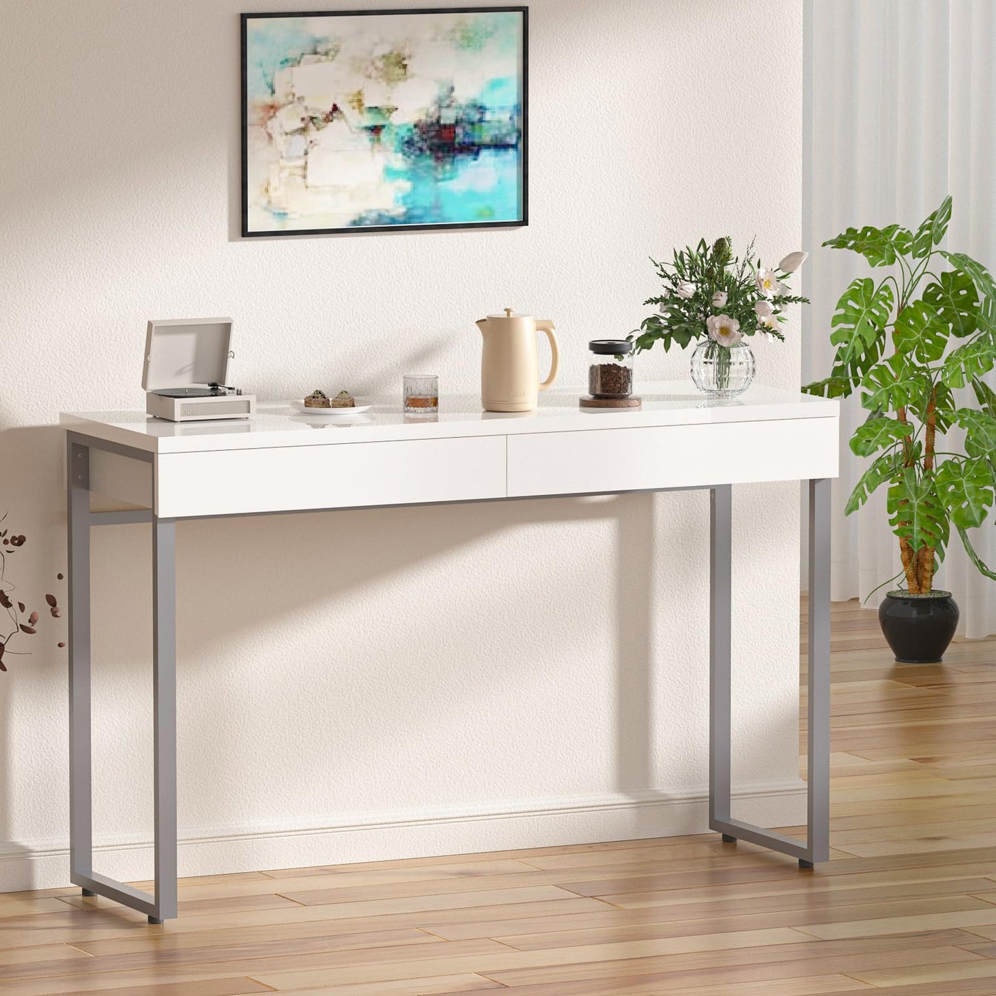 GreenForest Vanity Desk with 2 Drawers,Glossy Desktop White Desk for Bedroom,Makeup Table with Storage Space,Small Desk for Home Office,(39 inch No Mirror)