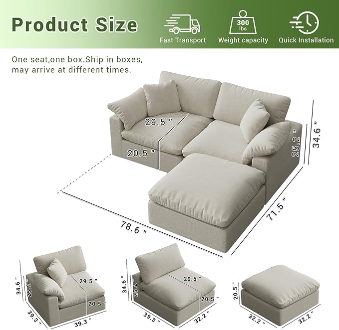 Intuition Decor Cloud Modular Sectional Sofa,2 Seat Down Filled Sofa 78.6" Minimalist Sofa,Cover Washable and Replaceable Couches for Living Room,Sectional Sofa Deep Seat