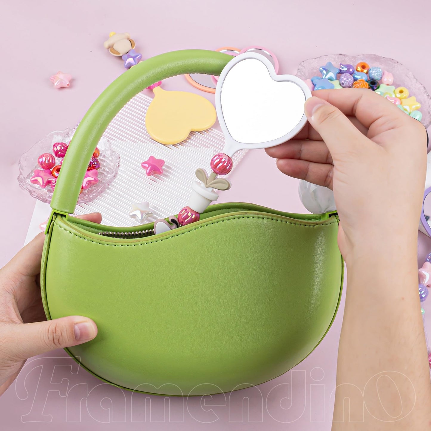 Framendino, 10 Pack Beadable Heart Travel Makeup Mirrors with Blank Bar Handheld for DIY Jewelry Making 10 Color