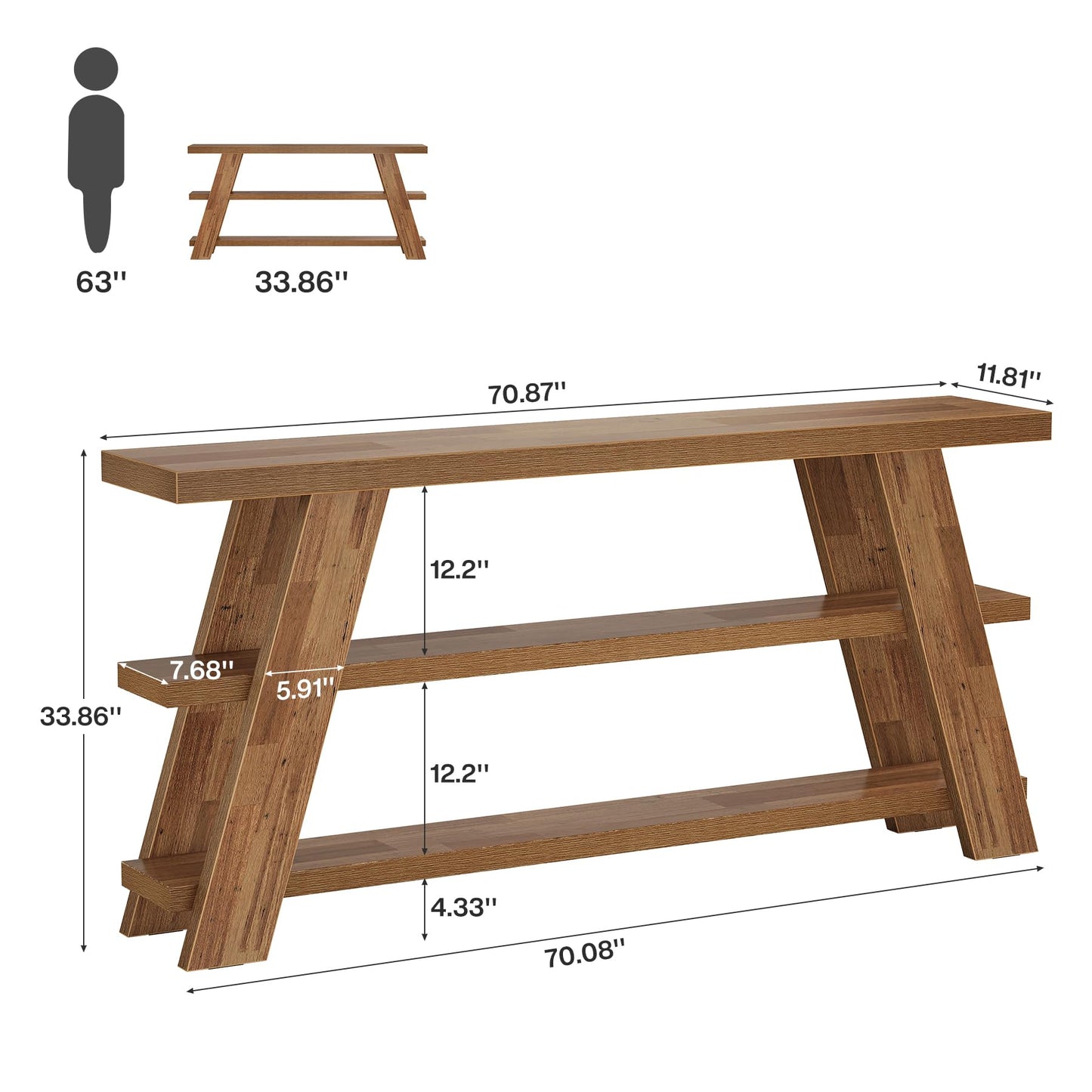 Tribesigns 70.9" Extra Long Console Table with Storage, 3-Tier Narrow Wooden Sofa Table Behind The Couch, Farmhouse Entry Foyer Table for Entryway, Living Room, Hallway, Brown