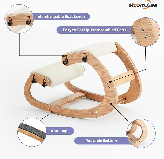 MoomJiee Ergonomic Kneeling Chair, Adjustable Rocking Knee Chairs for Home Office, Wooden Office Knee Chair for Back Pain Relief, Beige
