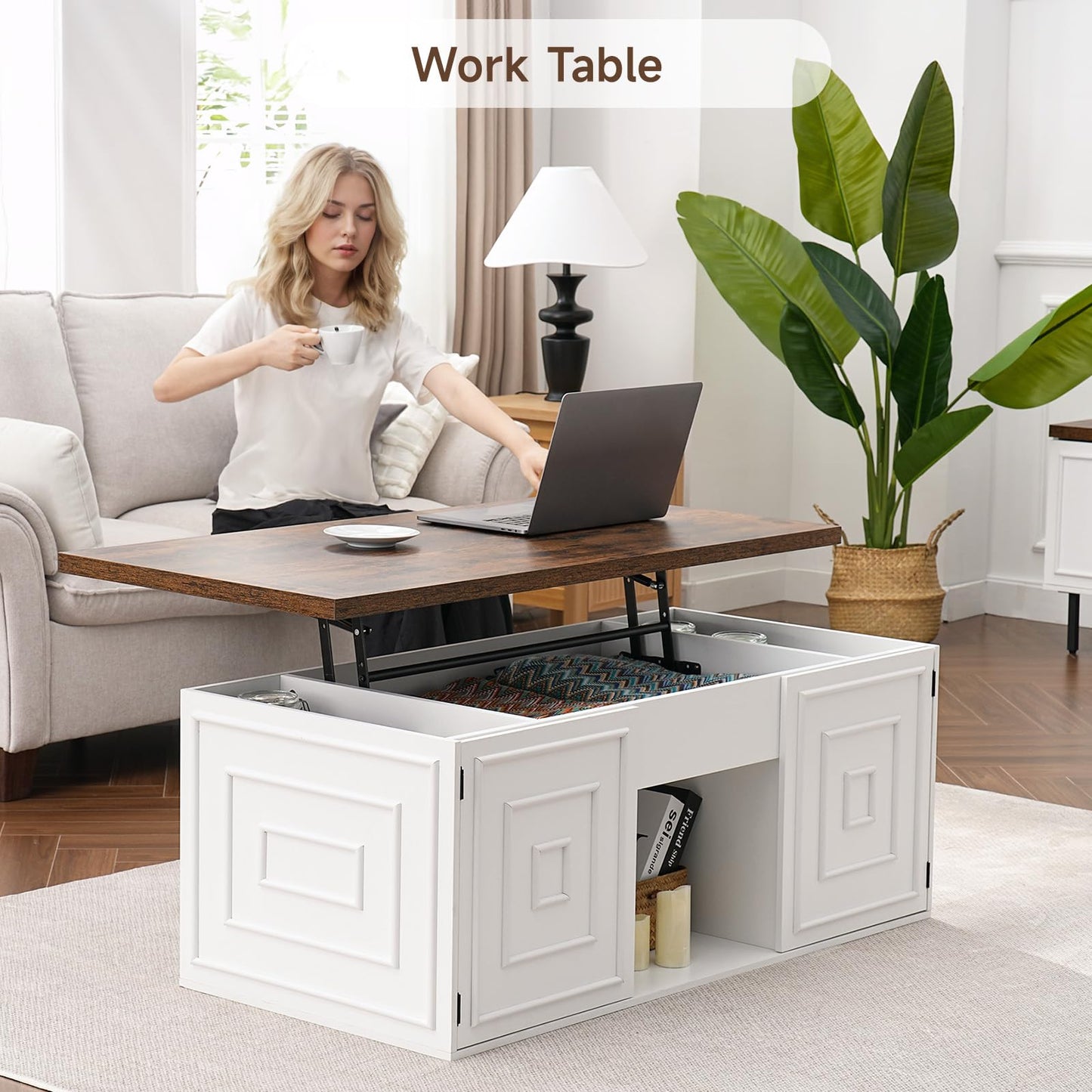 ONBRILL Lift Top Coffee Table with Storage, 48" Rustic Center Table with Hidden Storage Compartment and 2 Cabinet, White Coffee Table Converts to Dining Table for Living Room, Office