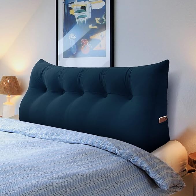 Wedge Headboard Pillow Dorm Room Reading Pillow Back Support for Sitting Up in Bed Bolster Lumbar Cushion Body Positioning Bedrest Velvet 59in Navy Blue Queen