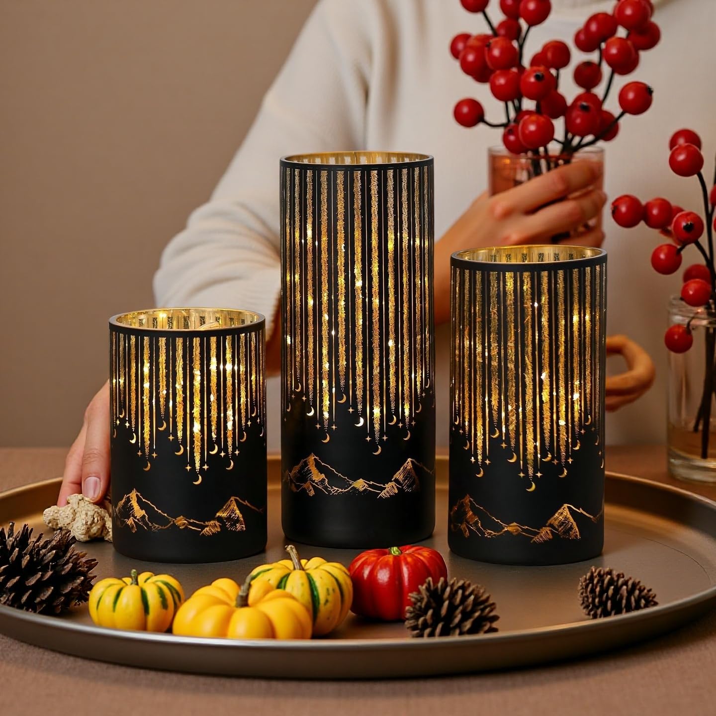 Ashroder Set of 3 Illuminated Starry Night Hurricanes with Remote Timer, Glass Votive Pillar Candle Holders, Removable LED String Lights Candles for Centerpiece Table Halloween Christmas Decor(Black)
