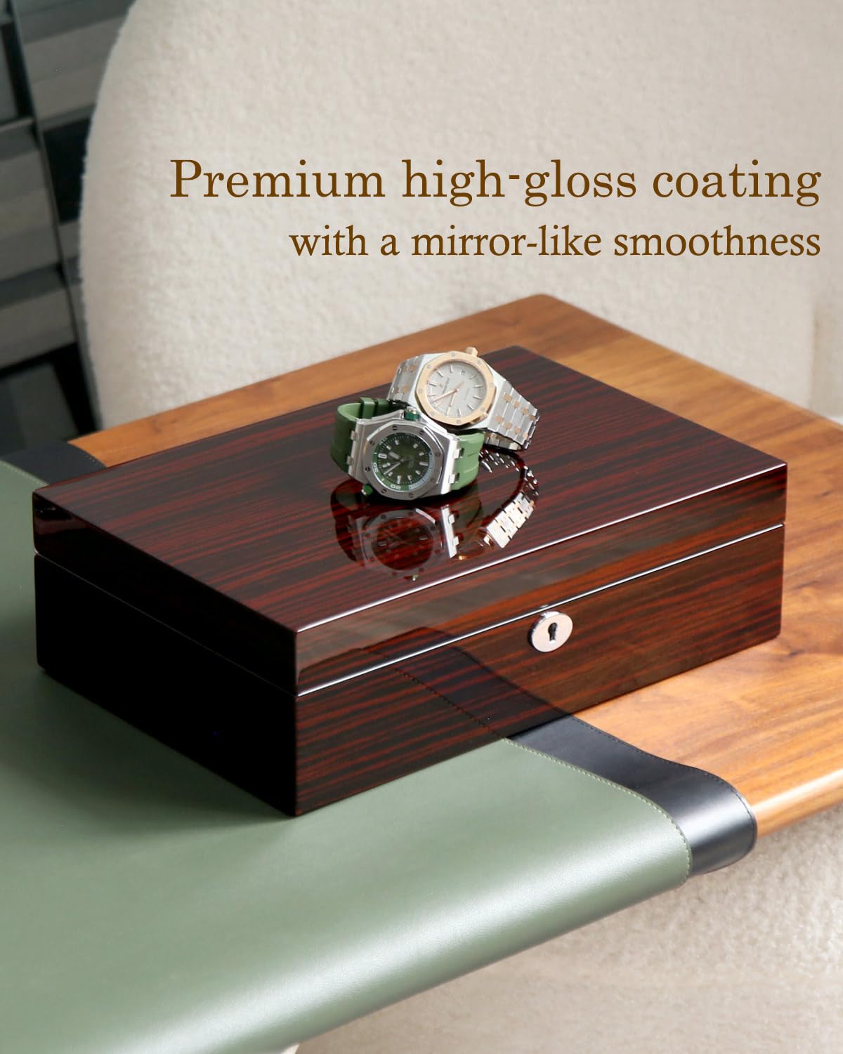 Bonaking 10-Slot Watch Storage Box with Windowless Lid, Ebony Wood Grain, High Gloss Finish, Lock & Velvet Interior, Fits Watches up to 57mm – Luxury Watch Organizer Gift for Men