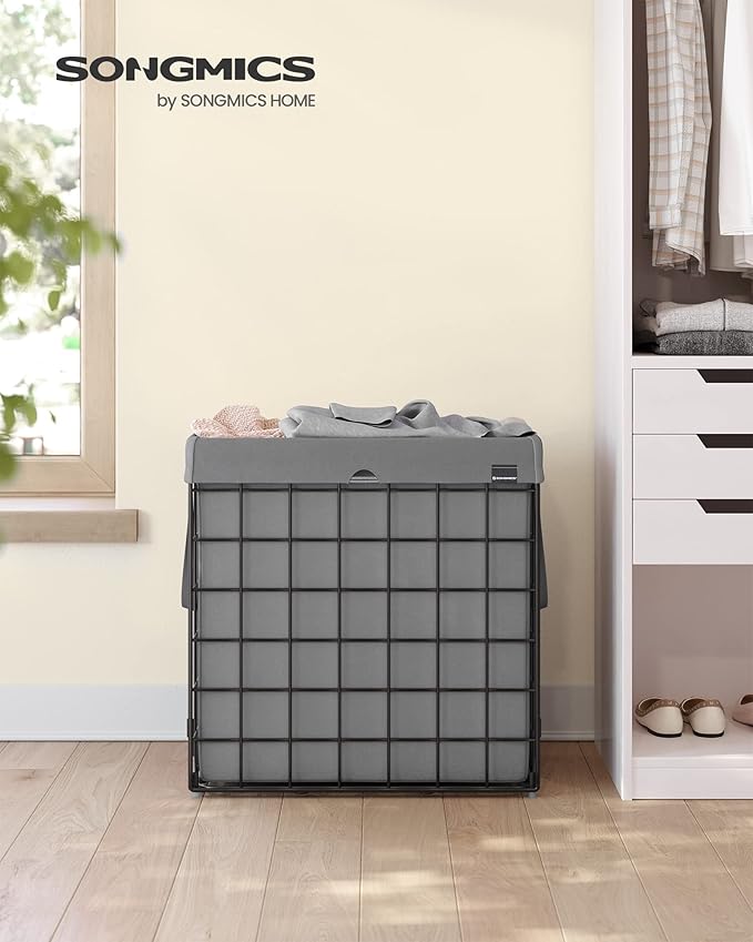 SONGMICS 29 Gal. (110L) Laundry Basket, Laundry Hamper, Collapsible Clothes Hamper, Removable and Washable Liner, Metal Wire Frame, for Bedroom Bathroom, Black and Gray ULCB111G01
