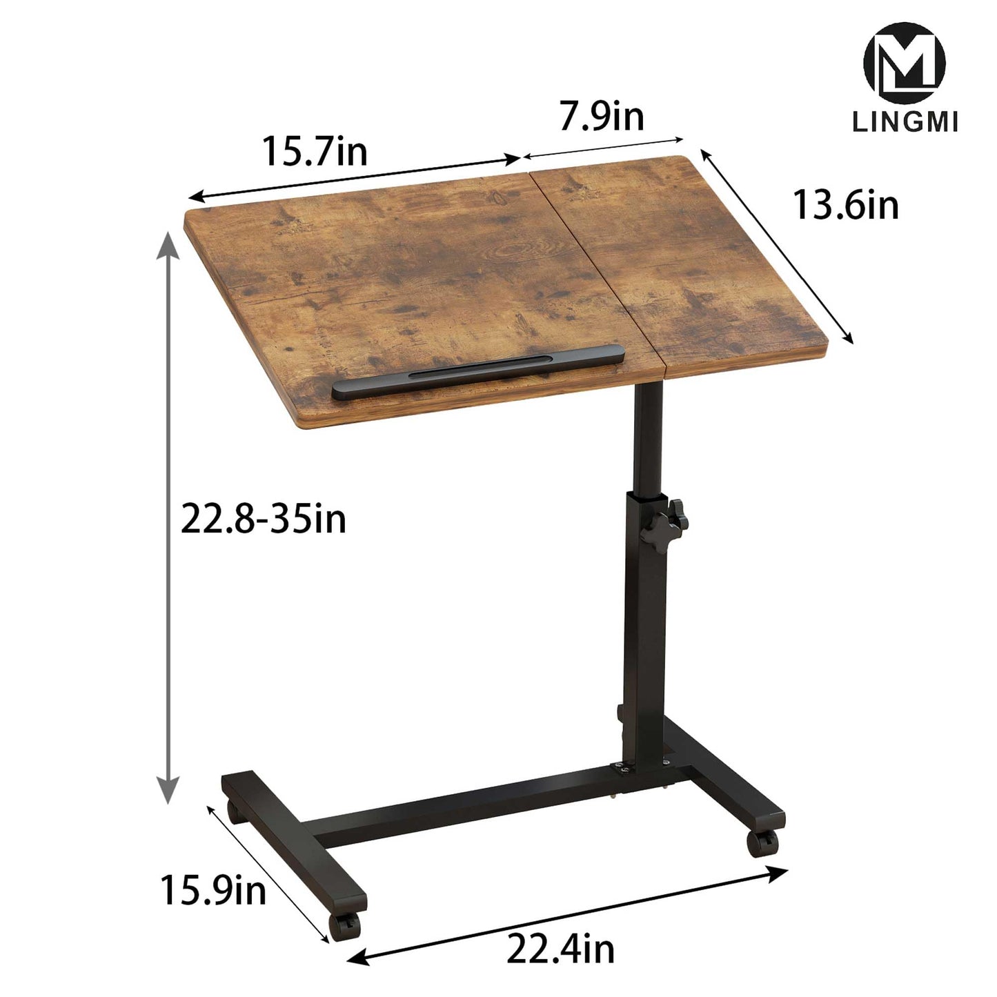 LINGMI Overbed Bedside Desk Mobile Rolling Laptop Stand Tilting Overbed Table with Wheels Height Adjustable Tray Table for Laptop Bed Sofa Side Table