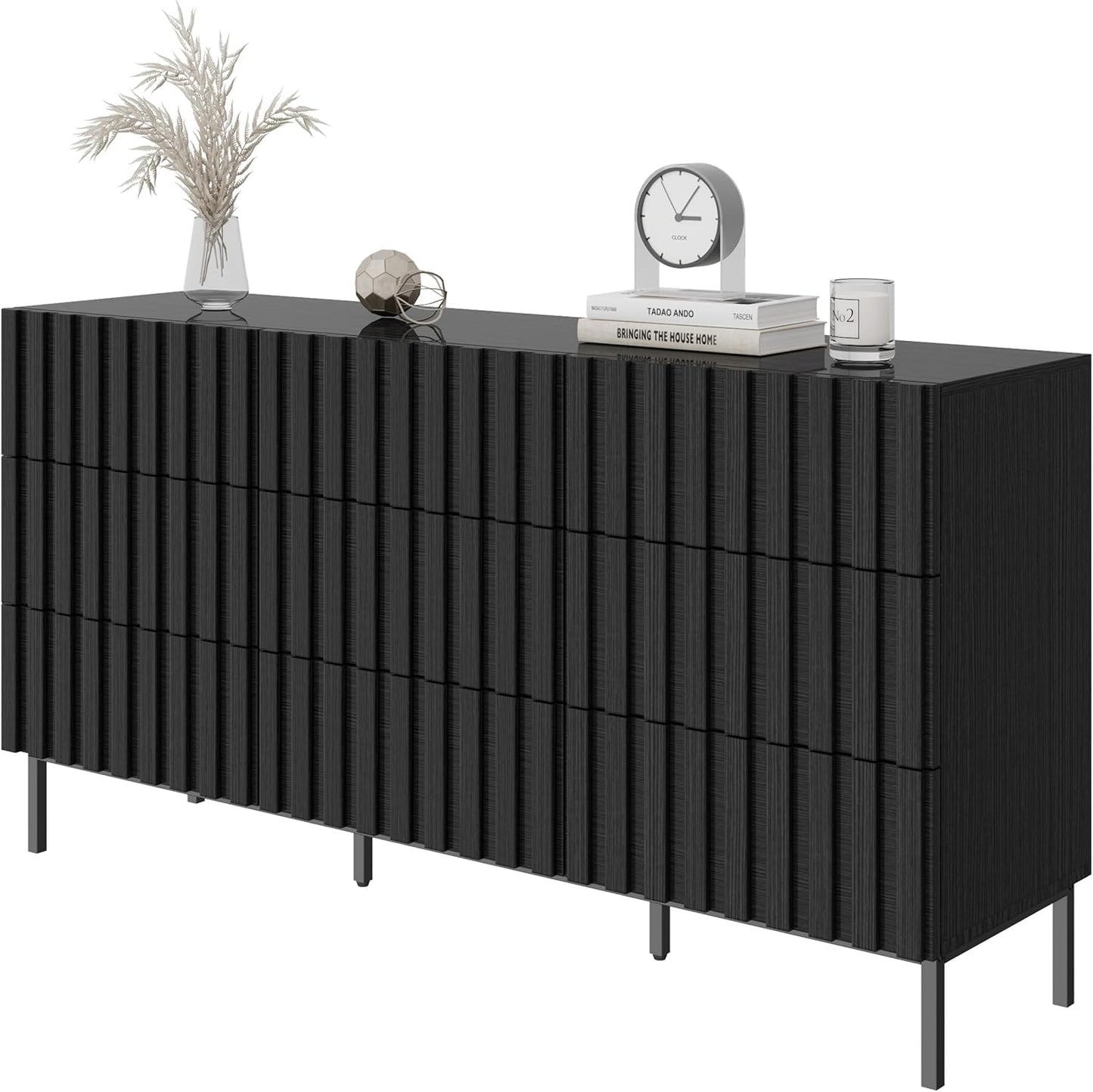UEV Black Fluted Dresser for Bedroom, 59" Wide Wood 9 Drawer Dresser, Mid Century Modern Storage Organizer, Long Chest of Drawers TV Stand for Bedroom, Hallway
