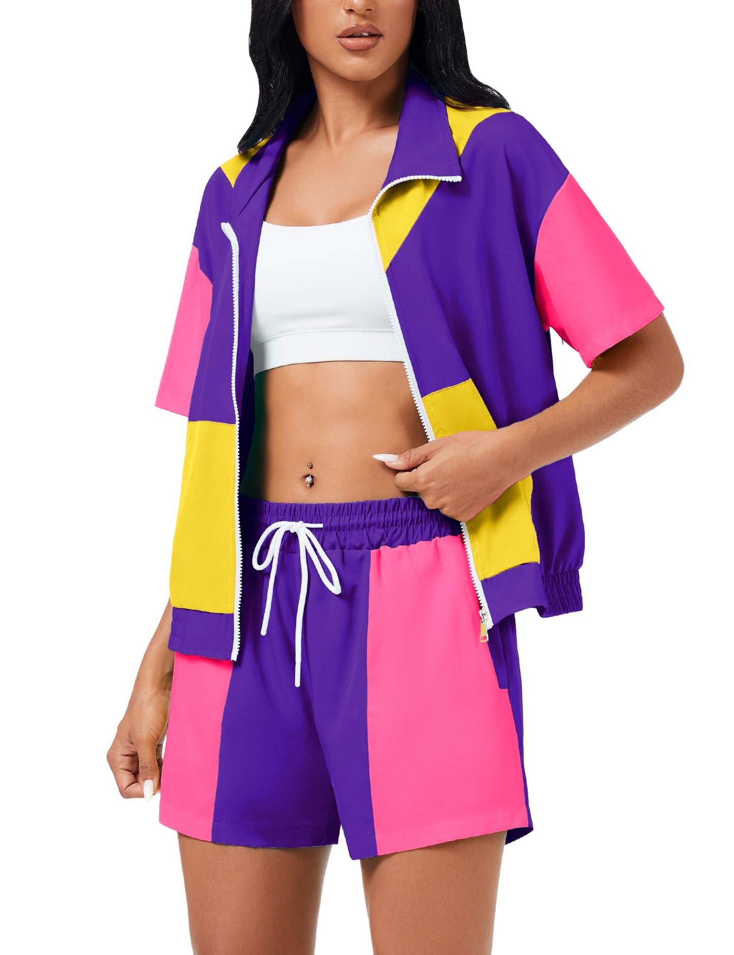 ZDT Women's Color Block 80s 90s Outfit 2 Piece Short Sleeve Costume Zip Up Windbreaker Track Suits Set Purple XL