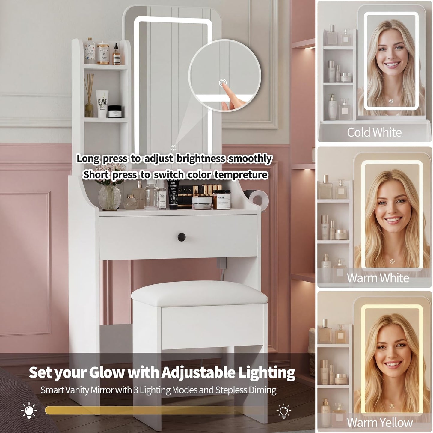 HAPPYMONT Small Vanity Desk with Charging Hub and Hair-Dryer Holder, Make up Mirror and Light Stepless Dimmable, Bedroom Dressing Table for Makeup, White
