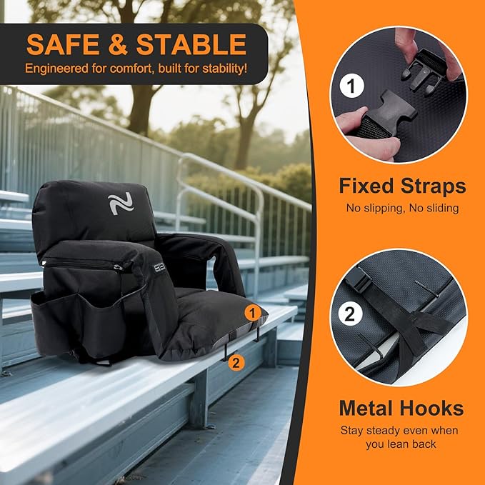 NAIZEA Wide Heated Stadium Seat for Bleachers w/Back Support & Cushion, Portable Bleacher Seats Foldable Stadium Chair with Armrests for Sports Events, Outdoor, Camping, Hiking-No Power Bank