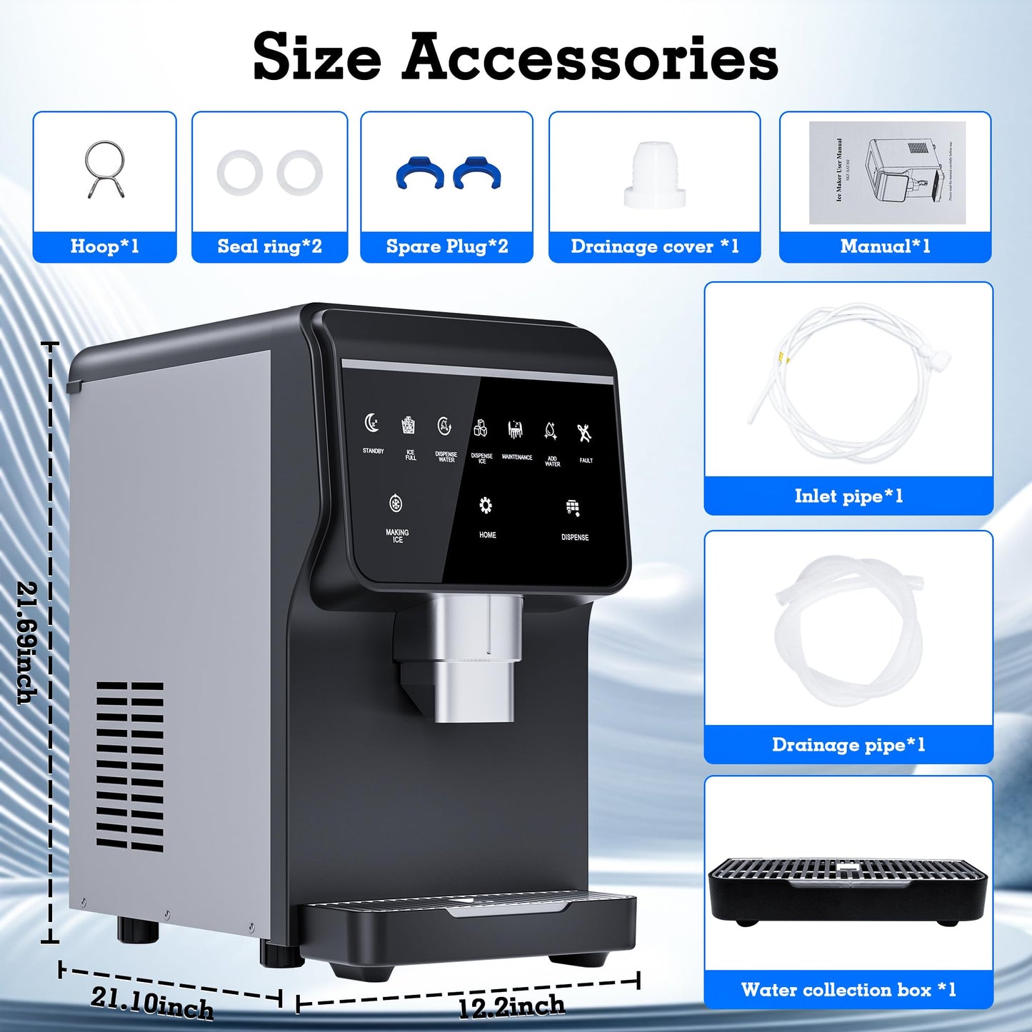 2-in-1 Nugget Ice Maker 66Lbs/24H Soft Chewable Ice, Built-in 6lbs Ice Storage,One-Button Operation Stainless Steels Nugget Ice Machine, Self-Cleaning Function for Office,Party, Home,RV