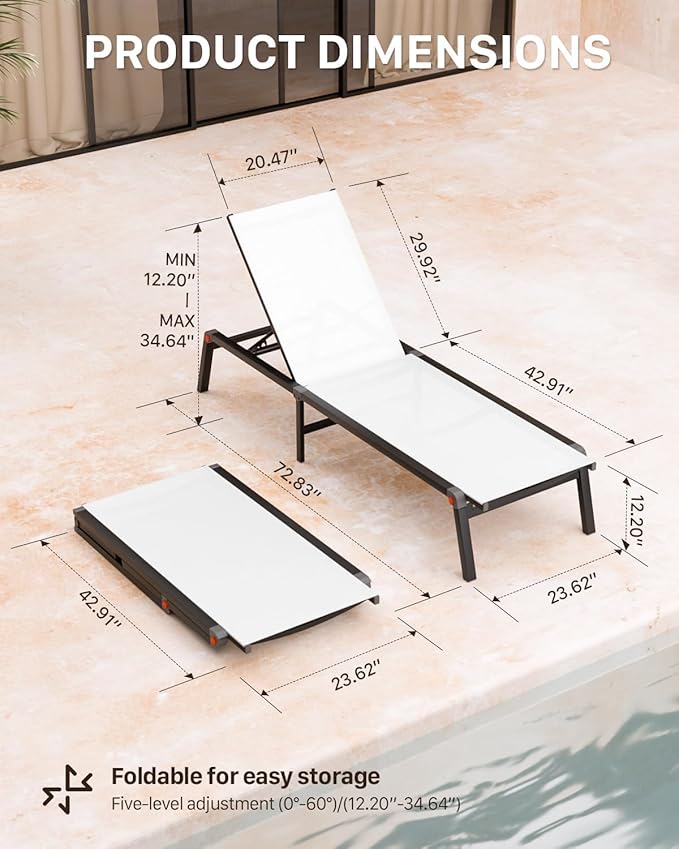 Aluminum Chaise Foldable Patio Lounge Chair Outdoor, Metal Deck Lounger Adjustable 5-Position Recliner Pool Chase Breathable Full Flat Outside Sun Tanning Chairs for Beach/Poolside/Lawn(White, 2Pack)