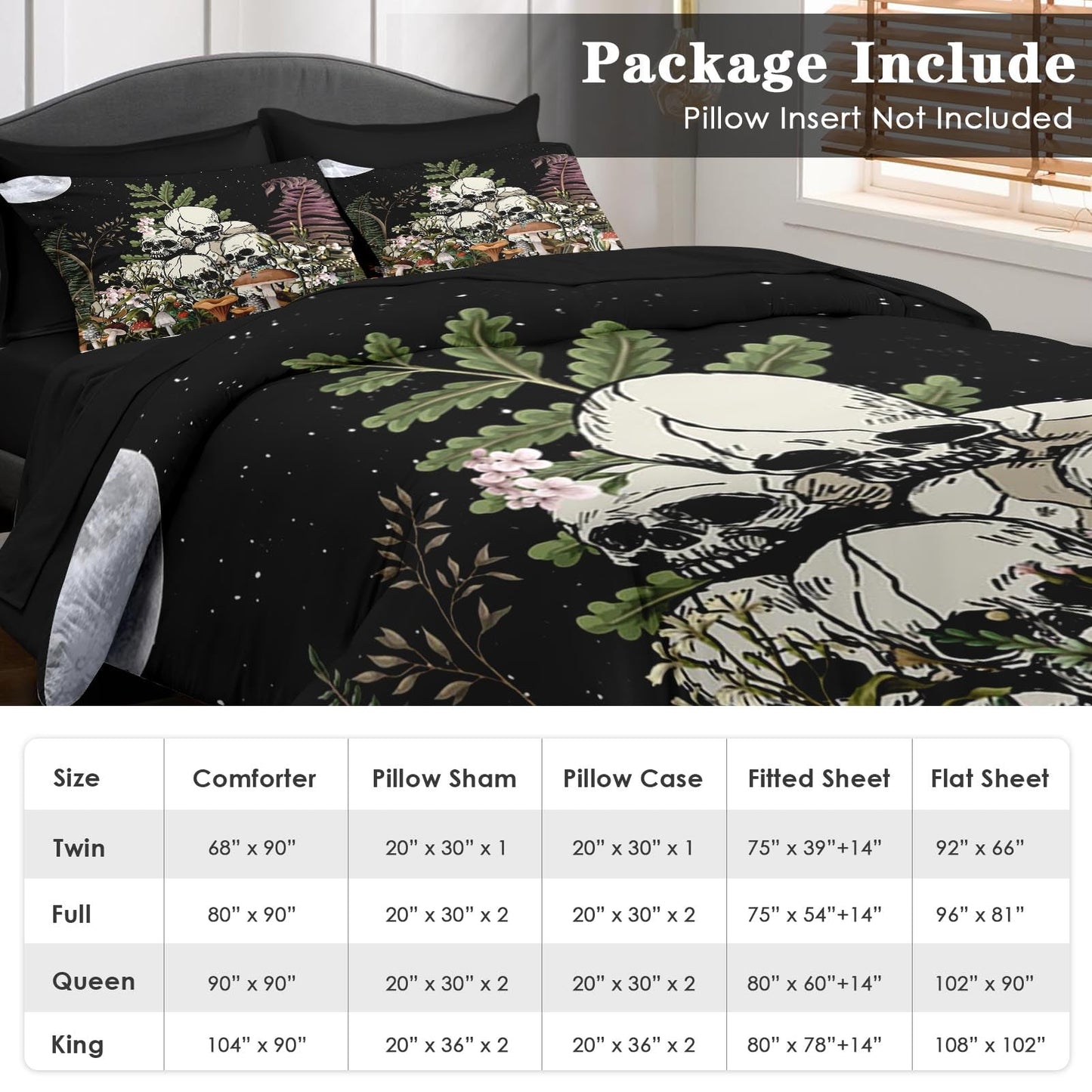 Pamnest Comforter Set Queen Size, Mushroom Plant 7 Pcs Bedding for Kids and Adults, Skeleton Spooky Retro Bed Sheet Sets with Fitted Sheet 2 Pillowcases & 2 Shams for Bedroom Bed Decor