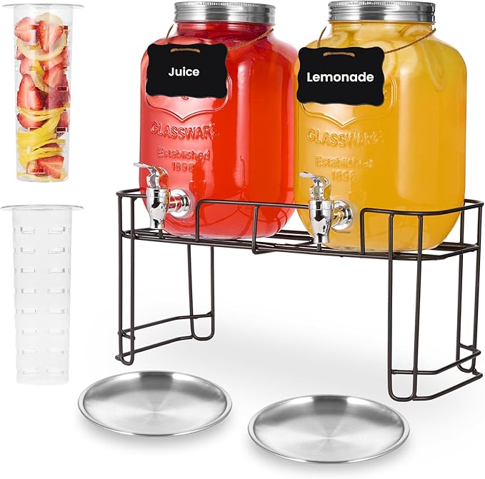 2 Pack1 Gallon Glass Drink Dispensers For Parties .Beverage Dispenser,Glass Drink Dispenser With Stand And Spigot (Plastic...