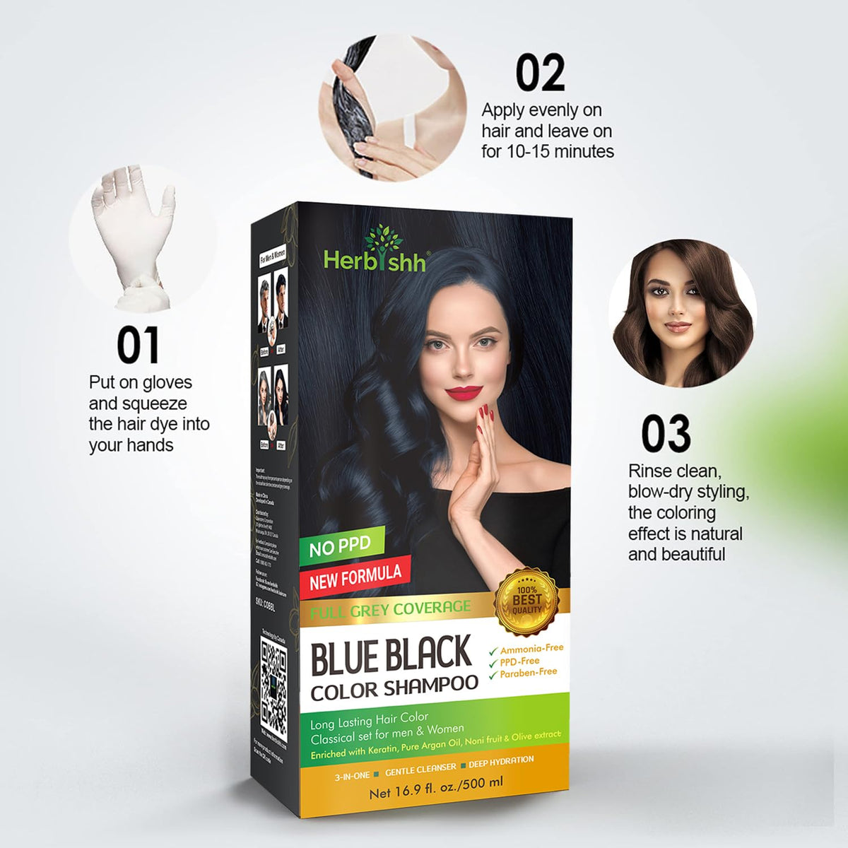 Herbishh Hair Color Shampoo - Magic Long-Lasting Hair Dye for Gray Hair Coloring in Minutes - 500 Ml - 3-In-1 Ammonia-Free Formu