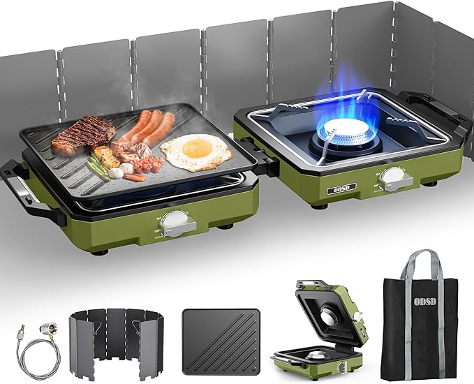 ODSD 2 Burner Camping Stove with Windshield, 20000 BTU Propane Camp Stove, Portable Folding Gas Stove, Camping Essentials ...