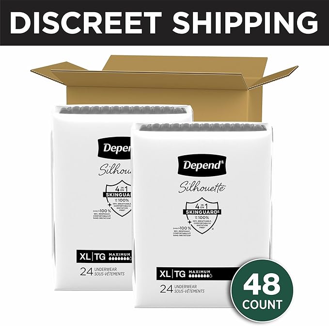 Depend Silhouette Adult Diapers, Incontinence & Postpartum Bladder Leak Underwear for Women, Maximum Absorbency, Extra Large, Black, 48 Count (2 Packs of 24), Packaging May Vary