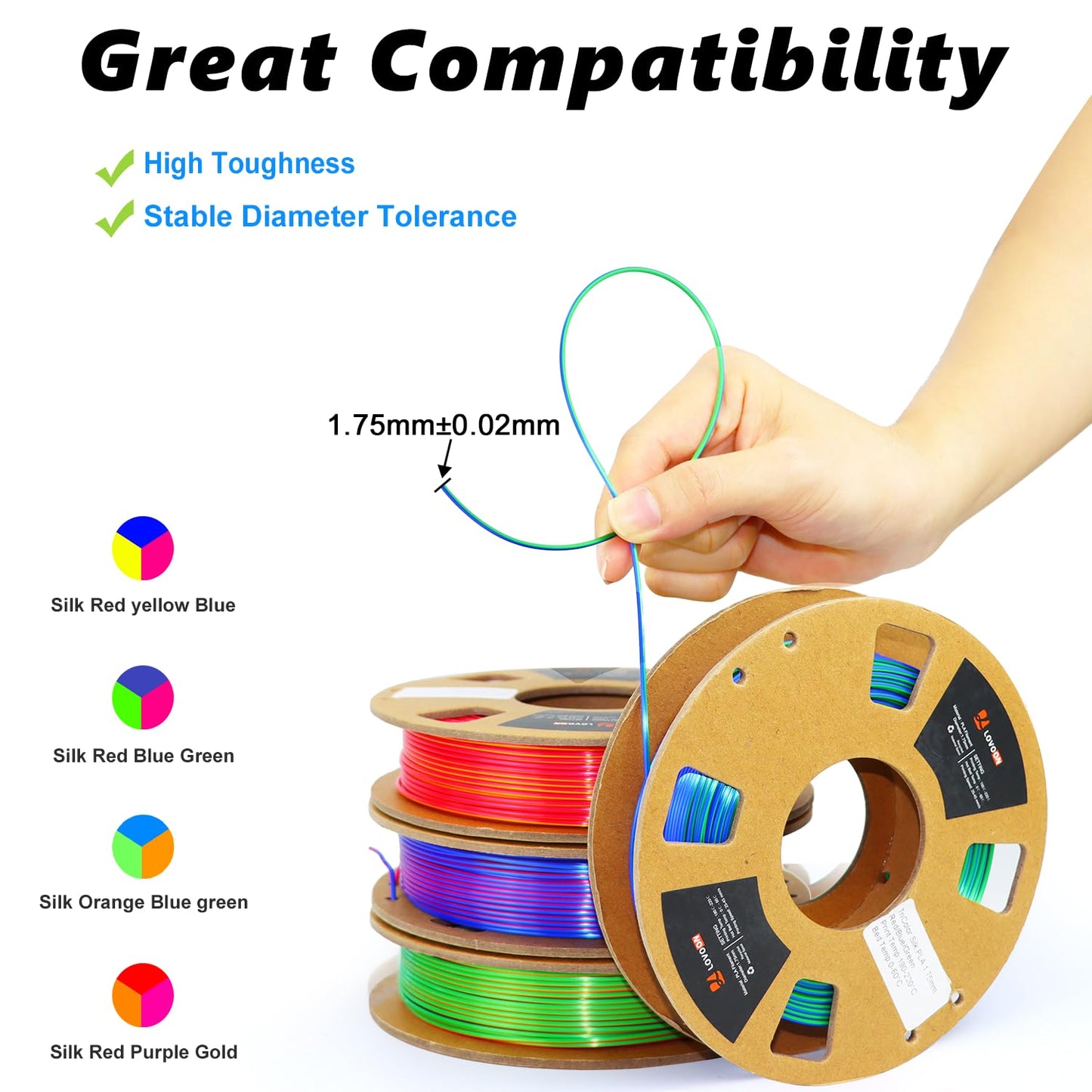 LOVOON 3D PLA Filament 1.75mm Bundle, Tricolor 3D Printer Filament Bundle, Rainbow Silk PLA Filament Bundle, PLA Filament for 3D Printer 3D Pen, Dimensional Accuracy +/-0.02mm, 200g x 4 Spools