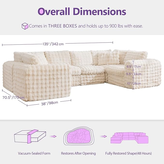 TYBOATLE 135’’ Boneless Slow-Rebound Memory Foam Couch, Cloud Sectional Couches for Living Room w/Upgraded Fabric, Deep Seat Comfy Fluffy U Shaped Modular Sectional Sofa w/Chaise, Beige